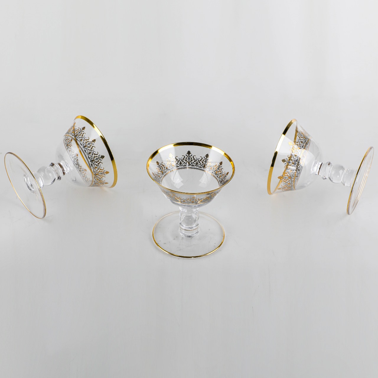 طقم أكواب حلا زجاجية من سوليتير، بنقوش فضي وذهبي، طقم مكون من 6 قطع